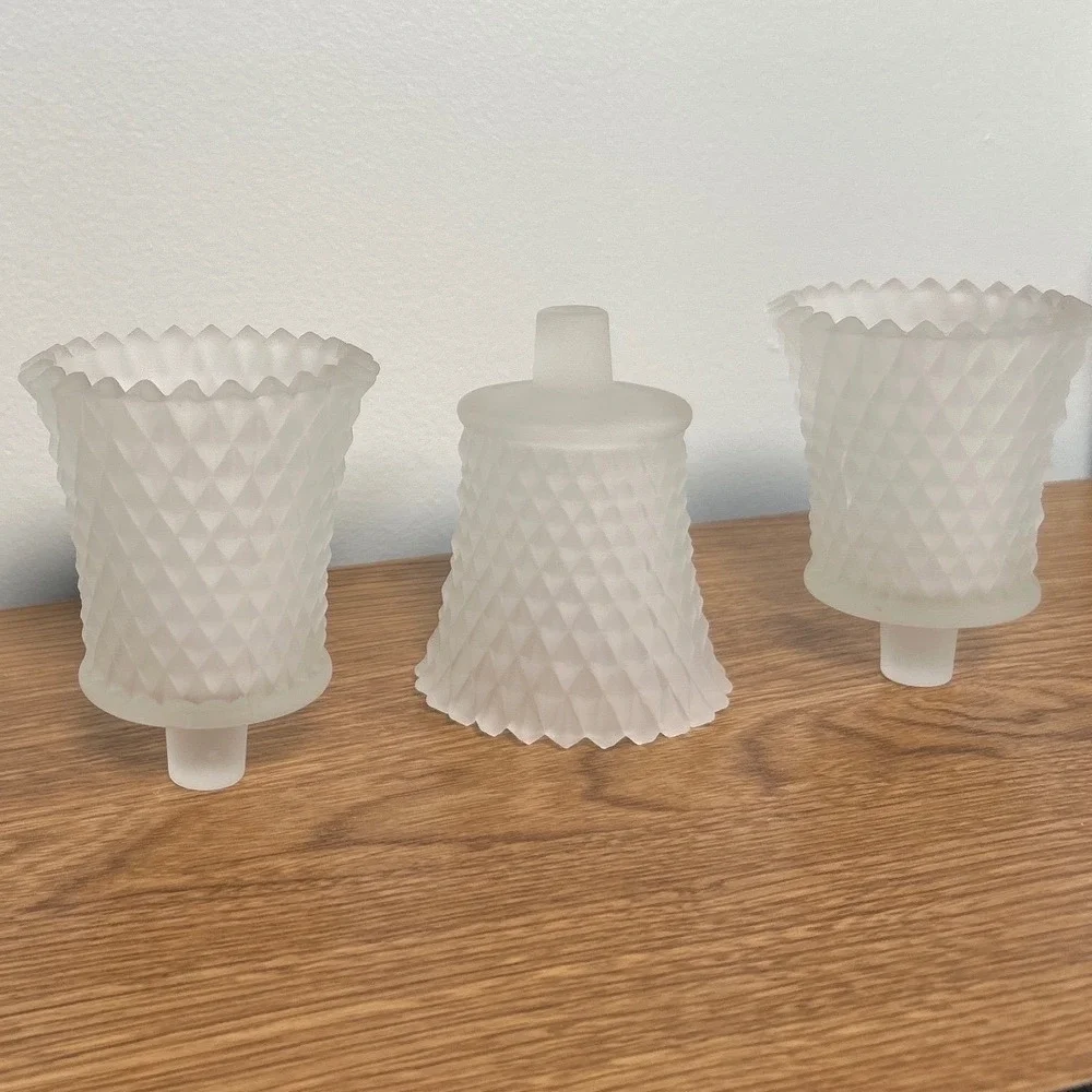 Home Interiors Frosted White Satin Glass Diamond Point Votive Peg Holder 5pc Vtg